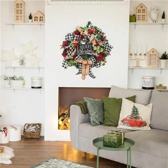 Christmas Buffalo Check Wreath, Outdoor Christmas Wreaths, Front Door Decoration - Picture 4 of 7